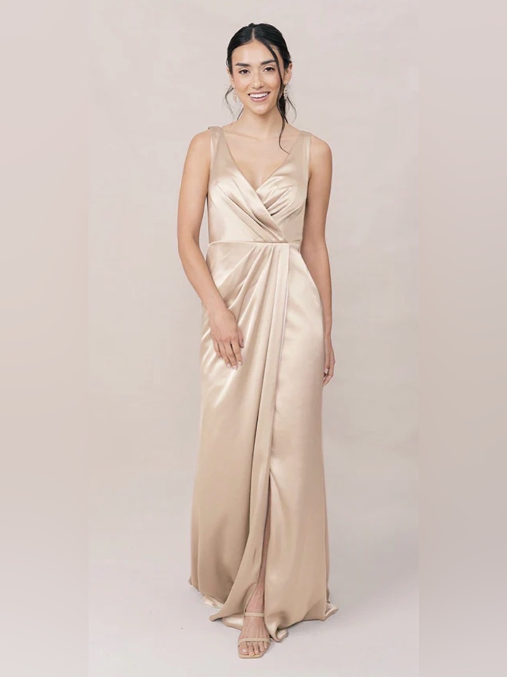 Revelry Blair Satin Dress Size 12 Sleeveless Champagne Gold Bridesmaid Formal